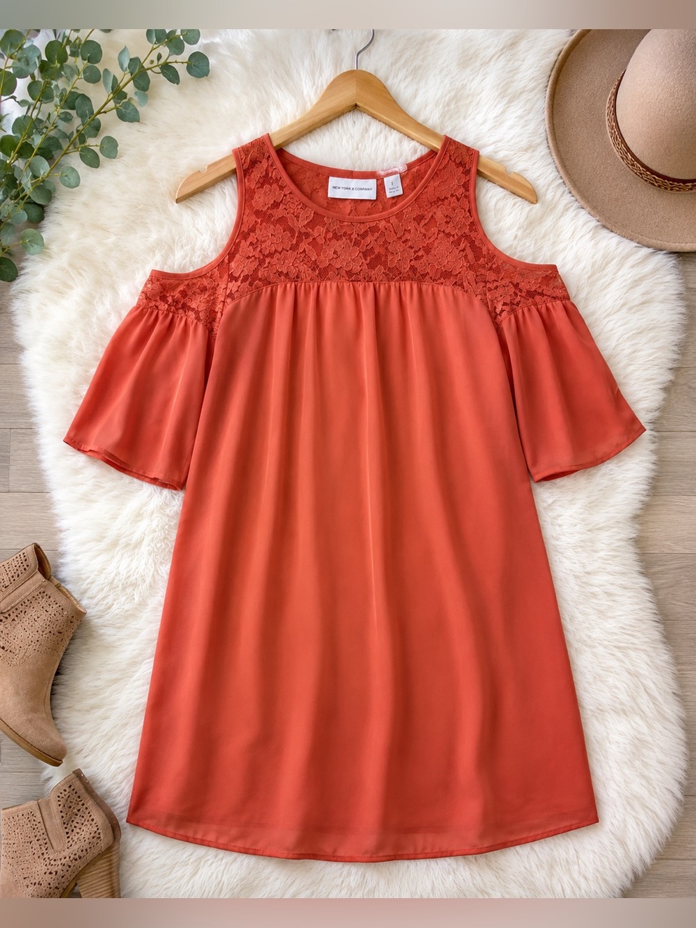 New York & Company Terracotta Lace Cold Shoulder Boho Dress Size S